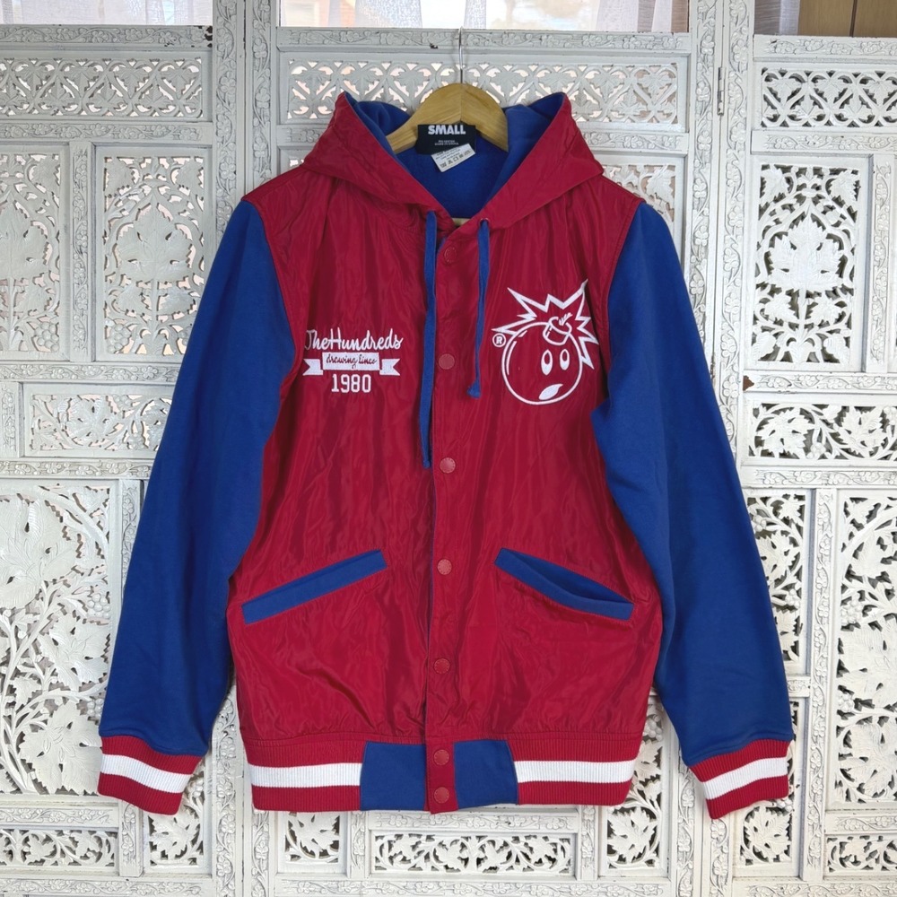 The Hundreds Red & Blue Snap Button‎ Hooded Varsity Bomber Jacket Sz Mens Small